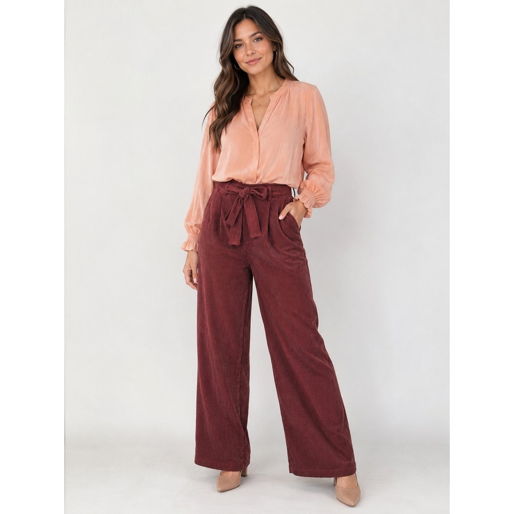 Burgundy Corduroy Wide Leg High Waisted Pants with Tie Belt Burgundy Large